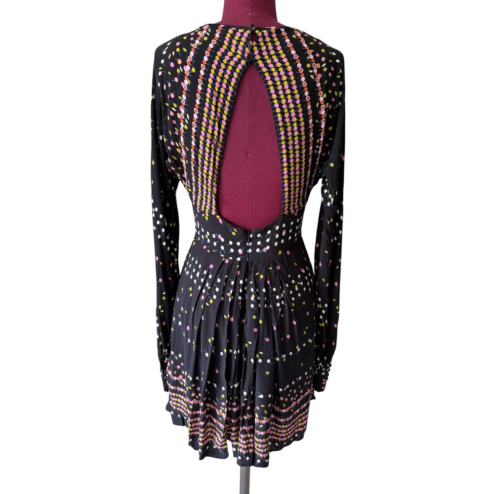 Free People Mini Dress Coryn Long Sleeve Boho Black Combo Size 6 - Picture 4 of 12